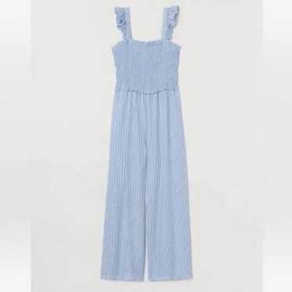 HM Blue White Striped Smocked Ruffle Strap Wide Leg Jumpsuit Womens Large